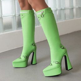 Botas femininas sem marca neon hbp verde moda baixa plataforma sapatos casuais sexy chunky bezerro botas altas para mulher