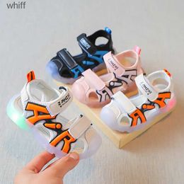 Sandals Childrens Summer LED Lights Sandals Boys 1-6 Year Old Anti Kick Baotou New Illuminated Beach Shoes Soft Soled Childrens ShoesC24318