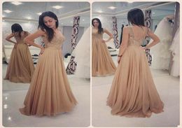 Champagne Chiffon Aline Prom Dresses Lace Top Jewel Backless Evening Gowns Elegant Simple Cheap Special Occasion Dress Custom Mad9237959