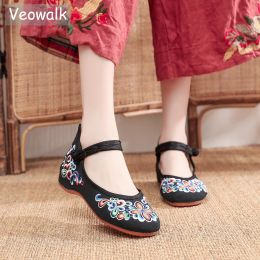 Flats Veowalk Vintage Embroidery Women Cotton Mary Jane Flat Shoes Comfortable Ladies Walking Ballerinas Large Size 10 11 Black Blue