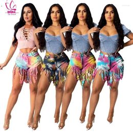 Damen Shorts SUSOLA Lady Frauen Tie Dye Print Quaste Mittlere Taille Sexy Zerrissene Jeans Trend Sommer Kurze Denim Hosen Hosen