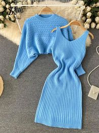 Work Dresses SINGREINY Autumn Knitted Dress Suits Women O Neck Long Sleeves Short Pullover Strap Elastic Korean Sweater Two Pieces Sets