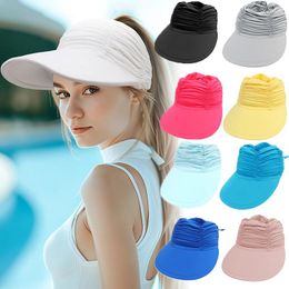 Wide Brim Hats Women Beach Empty Top Cap Sun Hat Pleated Visor UV Protection Sports Outdoor Summer Breathable Sunscreen