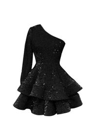 Short One-Shoulder Long Sleeve Sequins Tiered Homecoming Dresses A-Line Graduation Dresse Party Prom Formal Gown Hc08