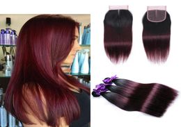 Malaysian Peruvian Brazilian Straight Ombre Burgundy Coloured Human Hair Weave 3 Bundles with 4x4 Lace Closure Extensions 1B99J Om3136842