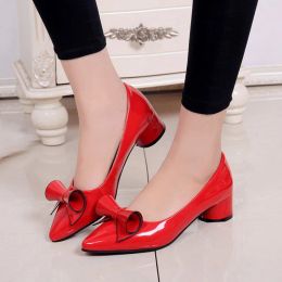 Boots Women Sweet Bow Pumps Low Cute Shoes Pointy Toe Square Heels 4cm Patent Leather Shiny Candy Colours Annual Promotion 1111 Purple