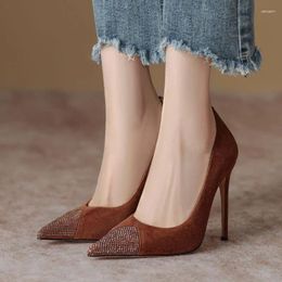 Dress Shoes Kid Suede Rhinestone Bling Pointed Toe Women Pumps Thin High Heels Shallow Slip On Sandals Fashion Concise Elegant Ladies