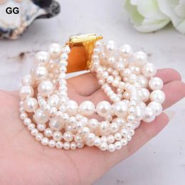 Strand GG Jewelry 8" 7 Rows Natural White Cultured Freshwater Pearl Bracelet Classic Handmade For Women Lady Gift