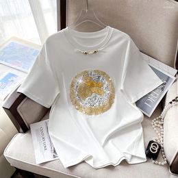 Women's T Shirts T-shirt 2024 Summer Harajuku With Beaded Fashion Drill Tees Round Neck Loose Short-Sleeved Cotton Tops