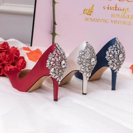 Dress Shoes Spring/Summer Pointed Shallow Mouth Silk Crystal Low Heels Wedding Thin High Banquet Large Women's Single Shoe