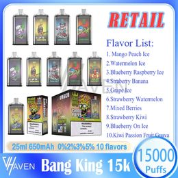 Original Bang King 15000 Puff Disposable Vape Pen 25ml Pre-filled Pod Mesh Coil 650mAh Rechargeable Battery 0%2%3%5% Level Puffs 15k 10 Flavours