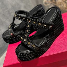 Wedges Sandals Female Summer Fashion New Narrow Band Upper Round Head High Heel Sandals Handmade Hemp Rope Design Metal Rivet Decor Women's Shoes