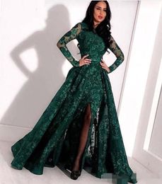 Dark Green Prom Dresses Long Sleeves Lace Sequins Applique Jewel Neck Slit Ribbon Overskirt Floor Length Evening Gown Formal Occas2553142