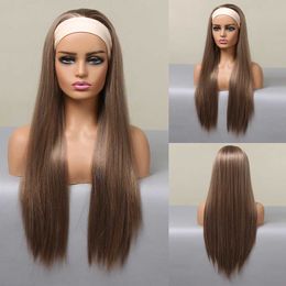 Synthetic Wigs Long Straight Brown Blonde Synthetic Headband Wigs for Black Women Highlight Golden Hair Wigs Daily Cosplay Heat Resistant 240328 240327