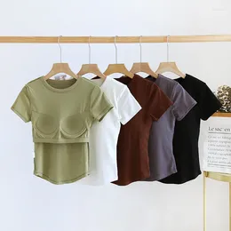 Women's T Shirts S Solid Colour With Padded Bust Short Sleeve Base Layer Tops Casual Slim Round Neck Female Blouse Outwear C5714