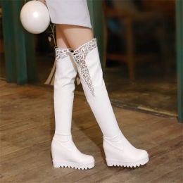 Boots Pxelena Over the Knee Boots Women Platform Hidden Wedge High Heel Thigh High Boots Ladies Shoes Black White Lace Fashion 3443