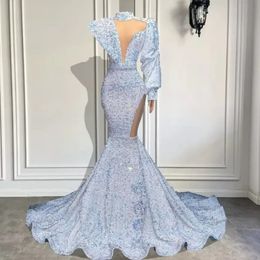 Stunning Long Sleeve High Neck Sexy Mermaid Style White Sparkly Velvet Sequin African Black Girls Prom Dresses BC14555 318