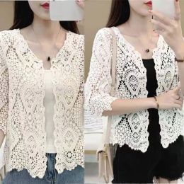 Tops Women Summer Knitted Lace Shrug Boho Hollow Crochet Floral 3/4 Sleeves Open Front Cropped Cardigan Elegant Short Mesh Sweater