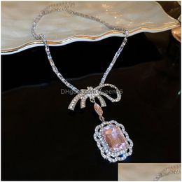 Earrings Necklace Luxury Jewellery Set Sier Plated Pink Geometry Pendant Women Crystal Rhinestone Bow Choker Stud Party Gift Drop Delive Dhra7