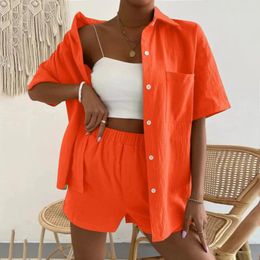 Women's Tracksuits Womens 2 Piece Shorts Suit Stylish Solid Color Lapel Button Short Sleeve Shirts Loose Matching Set With Pocket Ropa Mujer