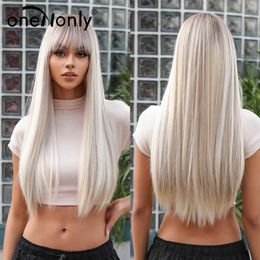 Synthetic Wigs oneNonly Long Blonde Wig for Women Natural Wig with Bangs Synthetic Wigs High Quality Women Party Straight Hair 240328 240327