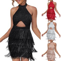 Casual Dresses Women Sequin Tassel Dress Sexy Sleeveless Glitter Halter Solid Cut Out Cocktail Evening Party Female Robe