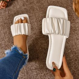 Slippers Summer For Women Pleated Flip Flops Flats Korean Sandals Green Slip On Shoes Big Size 36-42