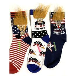 Meias engraçadas da tripulação Trump com cabelos amarelos homens de desenho animado meias esportivas Hip Hop Sock 0417a