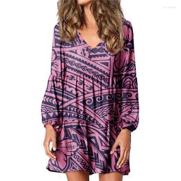 Casual Dresses Hycool Latest Polynesian Tribal Stripe Print Purple Dress Sexy V Neck Long Lantern Sleeve Comfort Home Loose For Pregnant