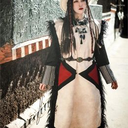 Stage Wear Tibetan Style Distressed Sheepskin Black And White Frayed Vest Clothing Ethnic
