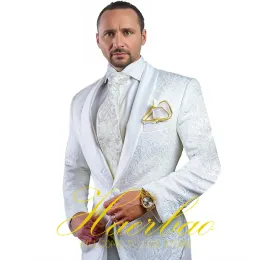 Suits MALE COSTUMES Mens Suits Wedding Custom Made White Floral Smoking Tuxedo Jacket 3 Piece Groom Terno Suits For Men