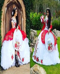 Modest Red and White Plus size Charro Quinceanera Prom Formal Dress 2022 Mexican Off Shoulders Ruffled Patterned Ruffles Satin Org2248986