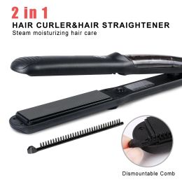 Irons Steam Straighteners for Hair Professional Salon Ceramic Tourmaline Vapor Steam Flat Iron 2 in 1 Hair Straightener and Curler