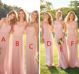 분홍색 긴 신부 들러리 드레스 혼합 목선 쉬폰 여름 레이스 형식 파티 파티 하녀 명예 드레스 플러스 크기 커스텀 메이드