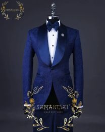 Suits TailorMade Men Suit 2 Pieces Classic Navy Blue Jacquard Wedding Suit for Men 2023 Slim Fit Groom Tuxedos Costume Mariage Homme