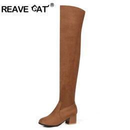 Boots REAVE CAT 2021 Over The Knee Boots Square Med Heel Women Boots Sexy Ladies Zipper Stretch Fabric Fashion Boots Black Brown A082