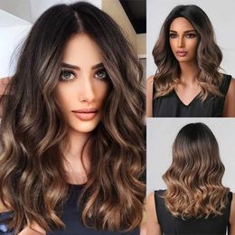 Synthetic Wigs Shoulder Long Black Brown Ombre Wig Synthetic Natural Wave Wigs with Bangs Heat Resistant Daily Party Cosplay Wig for Afro Women 240328 240327