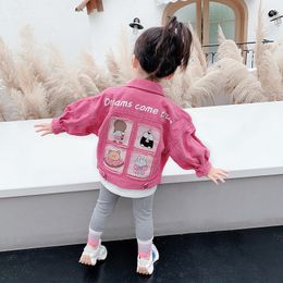 Fashion girls pink denim jacket INS kids back cartoon hole cowboy outwear children casual coat S1214