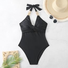 Women's Swimwear Sexy Push Up One Piece Swimsuits Black Chain Linked Bodysuit Tummy Control Bathing Suits Beachwear Monokini