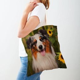 Shopping Bags Cute Scotland Border Collie Dog Lady Handbag Reusable Double Print Pet Animal Casual Canvas Tote Women Shopper Bag