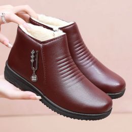 Boots 2023 Fashion Ankle Boots Mom Booties Women Snow Boots Winter Flat Heels Women Warm Platform Shoes Leather Thick Fur Booties