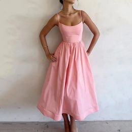 Fashion Pink Pleated Strap Dres Elegant Solid Sleeveless Midi Dresses 2024 Summer Casual Female Robe Vestidos Holiday 240312
