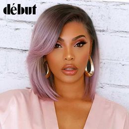 Synthetic Wigs Purple Straight Bob Wig Brazilian Lace Part Human Hair Wigs For Women HD Highlight Wig Glueless Lace Front Wig With Bangs DEBUT 240329