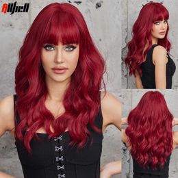 Synthetic Wigs Wine Red Long Wavy Christmas Costume Wig Hair Curly Fluffy Wave Dark Burgundy Cosplay Synthetic Wig with Bangs for White Women 240328 240327