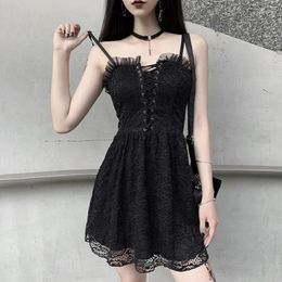 Casual Dresses Woman Gothic Sexy Lace Dress Summer Black Sleeveless 2024 Women Dark Aesthetic Street Clothes Plus Size High Waist Sling