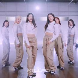 Women's Two Piece Pants Korea Women Group Jazz Dance White Slim Long Sleeve T-shirt Crop Top Loose Casual High Waist Wide Leg Trousers 2 Set