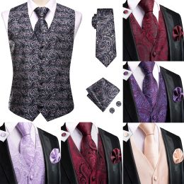 Vests HiTie Silk Mens Vest Tie Business Formal Black Blue Green Red Dress Sleeveless Jacket 4PC Hanky Cufflink Paisley Suit Waistcoat