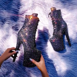 Boots Sequins ultrahigh heel nightclub sexy 20cm pole dance boots laced with large size bar waterproof platform Stripper Heels Fetish