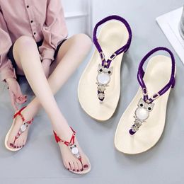 Sandals Women's Summer Flip-flops Flat Bohemian Beaded Beach Shoes Large Size Fashion Casual Back Strap