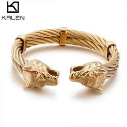 Stainless Steel Viking Wolf Bangle Man Cable Wire Gold/Black/Silver Color Animal Cuff Bracelet Men Jewelry 240312